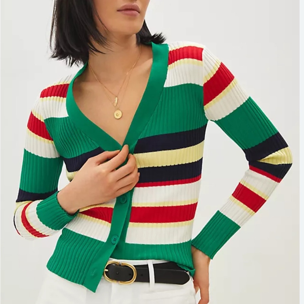 Anthropologie Eugenia ribbed V neck striped cardigan sweater.